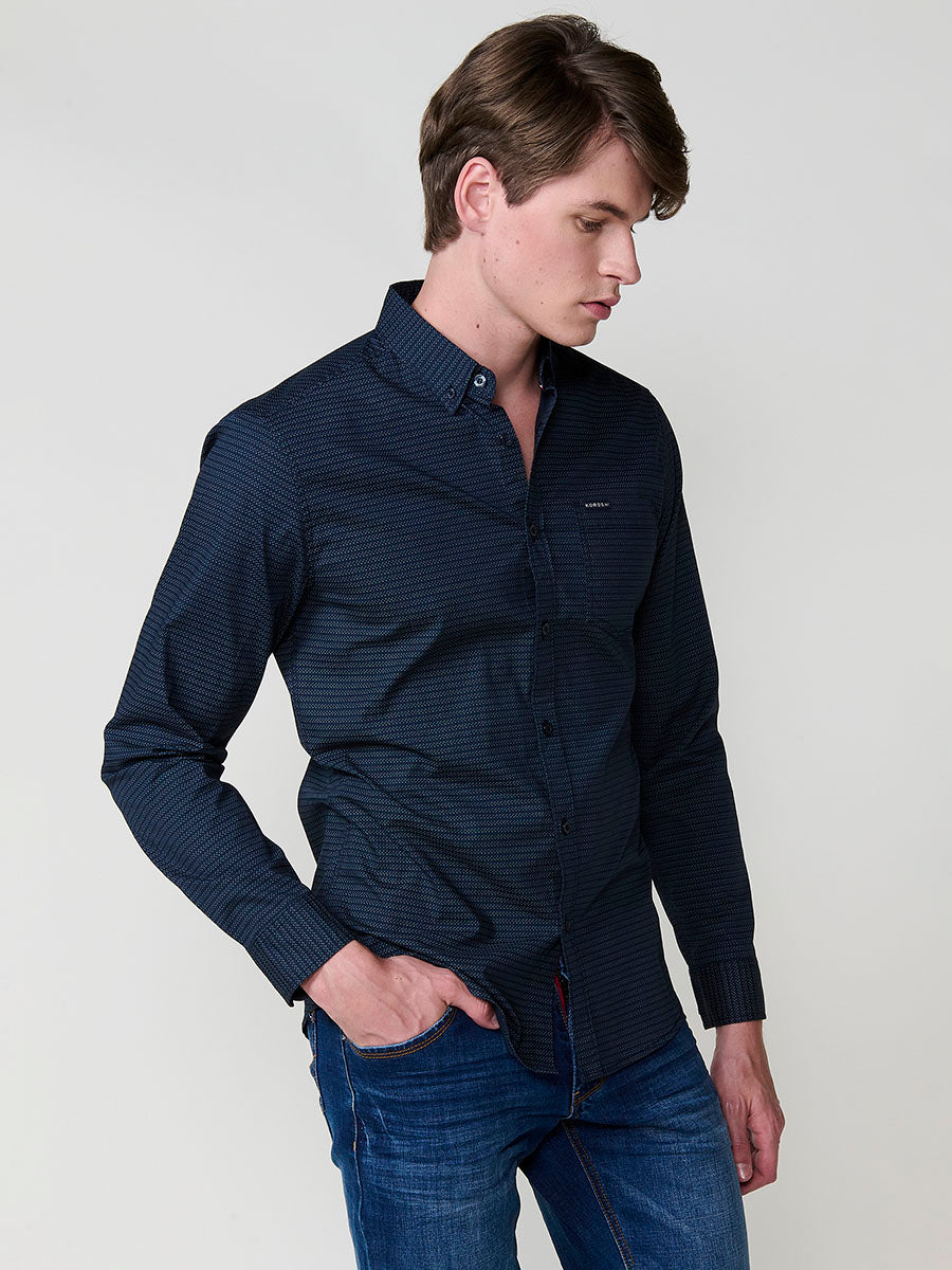 Camisa micro estampado algodón manga larga hombre navy - Koroshi 2521CL30