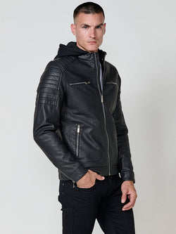 Men's leather effect biker jacket with black hood - Koroshi 2521JA00