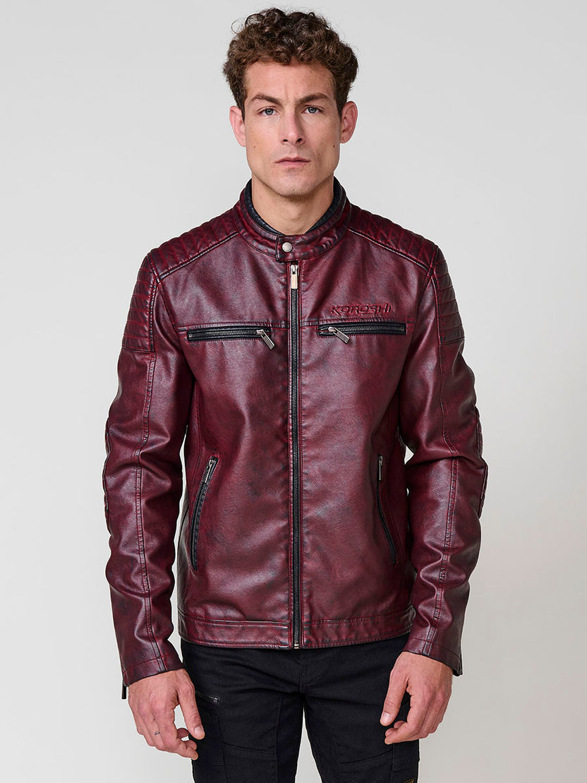 Cazadora biker motera efecto piel hombre rojo granate vista lateral - Koroshi 2521JA08