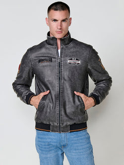Graue Herrenjacke mit Rollkragen und Ledereffekt – Koroshi 2521JA11