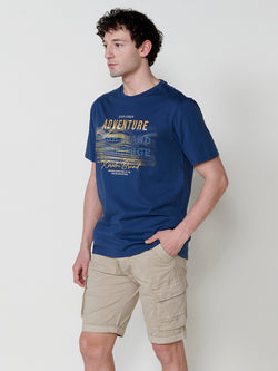 Blue men's round neck printed t-shirt - Koroshi 2521MC03