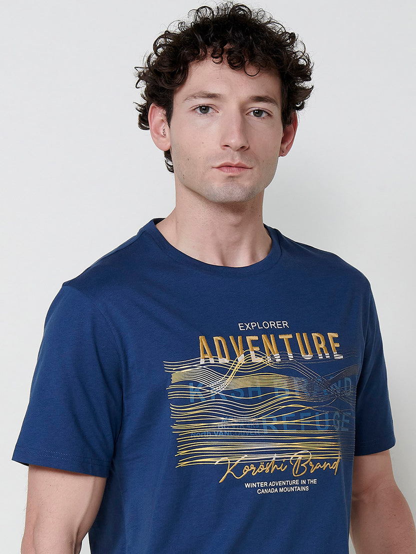 T-shirt blu stampata girocollo da uomo - Koroshi 2521MC03