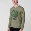 T-shirt da uomo color kaki a maniche lunghe, 100% cotone, con scollo tondo con apertura e stampa frontale.