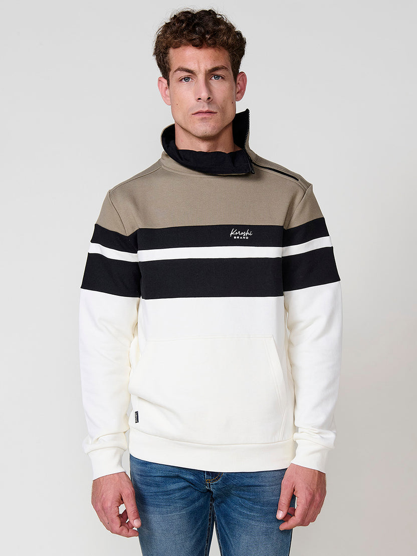 Men's high neck zipper striped ecru sweatshirt - Koroshi 2521SU14