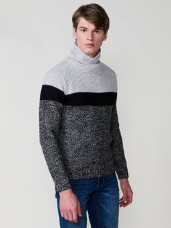 Pull tricoté col roulé double boutonnage color block homme noir - Koroshi 2521TR30