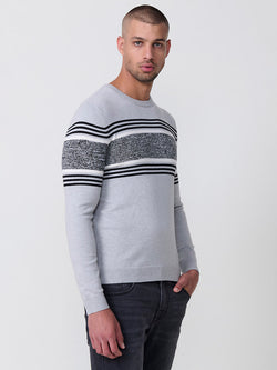 Men's gray crew neck striped tricot knit sweater - Koroshi 2521TR70