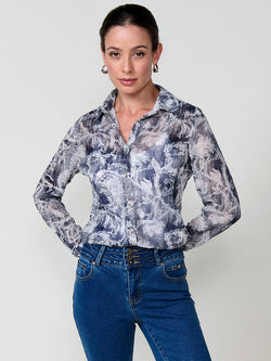 Marineblaues, langärmliges Chiffonhemd mit Blumendruck für Damen – Koroshi 2522BL05