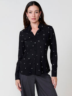 Women's black tie-neck printed poplin shirt - Koroshi 2522BL12