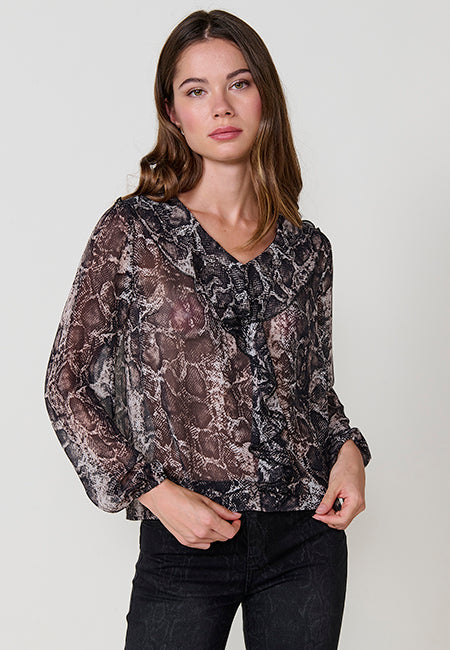 Blusa chifón estampado serpiente volantes mujer negro - Koroshi 2522BL19