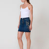 Falda corta denim mujer azul oscuro con bordado floral y botones metálicos