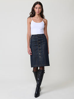 Women's dark blue denim midi skirt with metal buttons - Koroshi 2522FA53