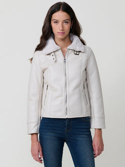 Double-sided fur effect jacket with fur collar for women white - Koroshi 2522JA01