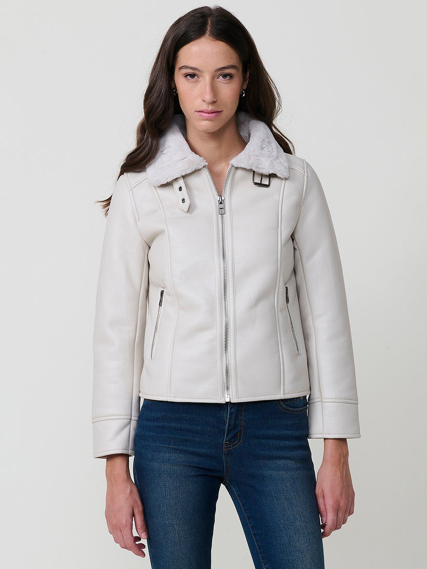Chaqueta doble faz efecto piel con cuello de pelo mujer blanco - Koroshi 2522JA01