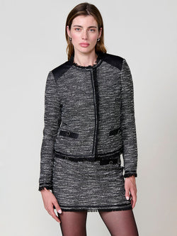 Black sequin tweed jacket with frayed neckline for women - Koroshi 2522JA05