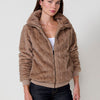 Women's faux fur jacket, high collar, metal zipper closure, side pockets and ribbed cuffs.