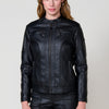 Chaqueta cazadora biker mujer efecto piel , cuello mao, con cremallera .