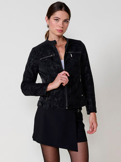 Blouson biker femme noir col mao effet cuir - Koroshi 2522JA19