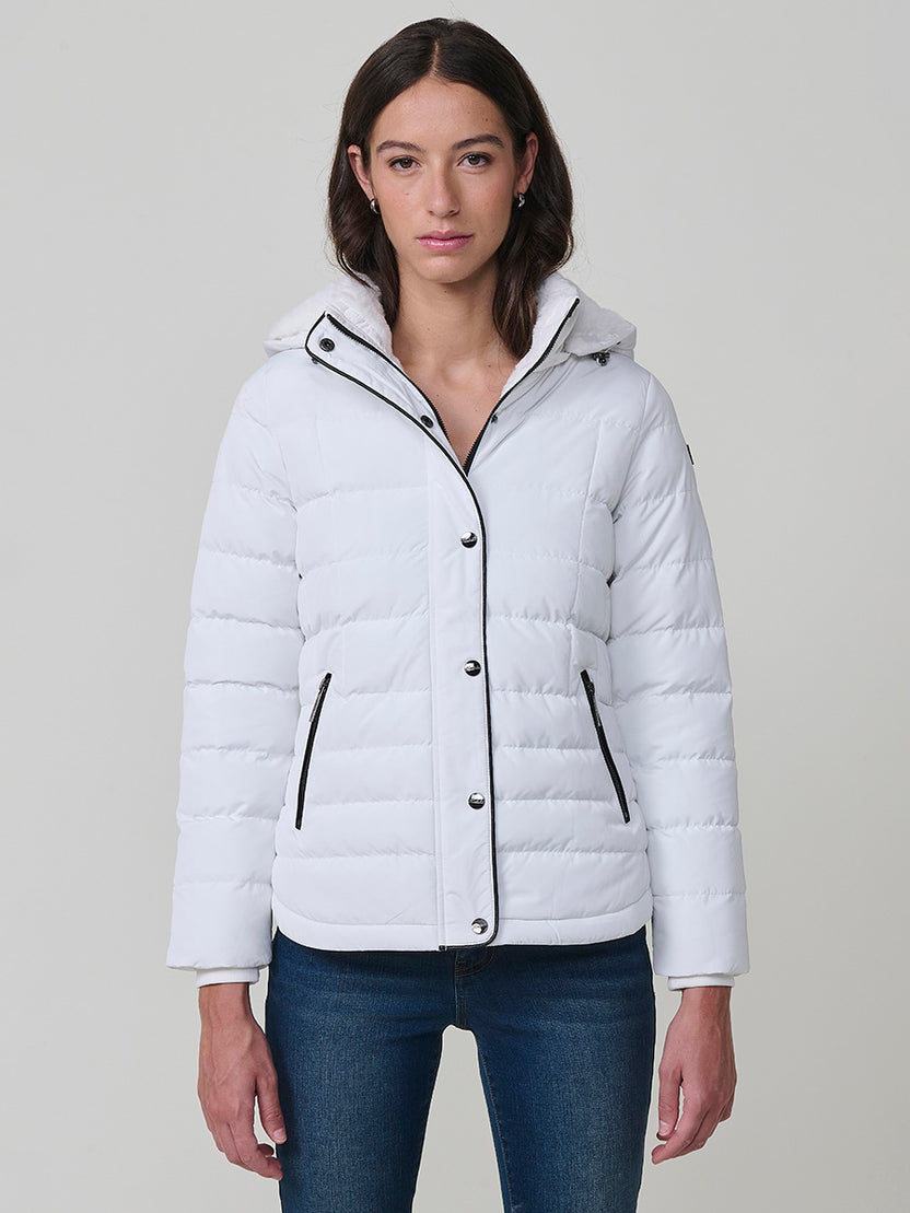 Chaqueta plumífero corta cuello alto de pelo mujer blanco - Koroshi 2522JA50