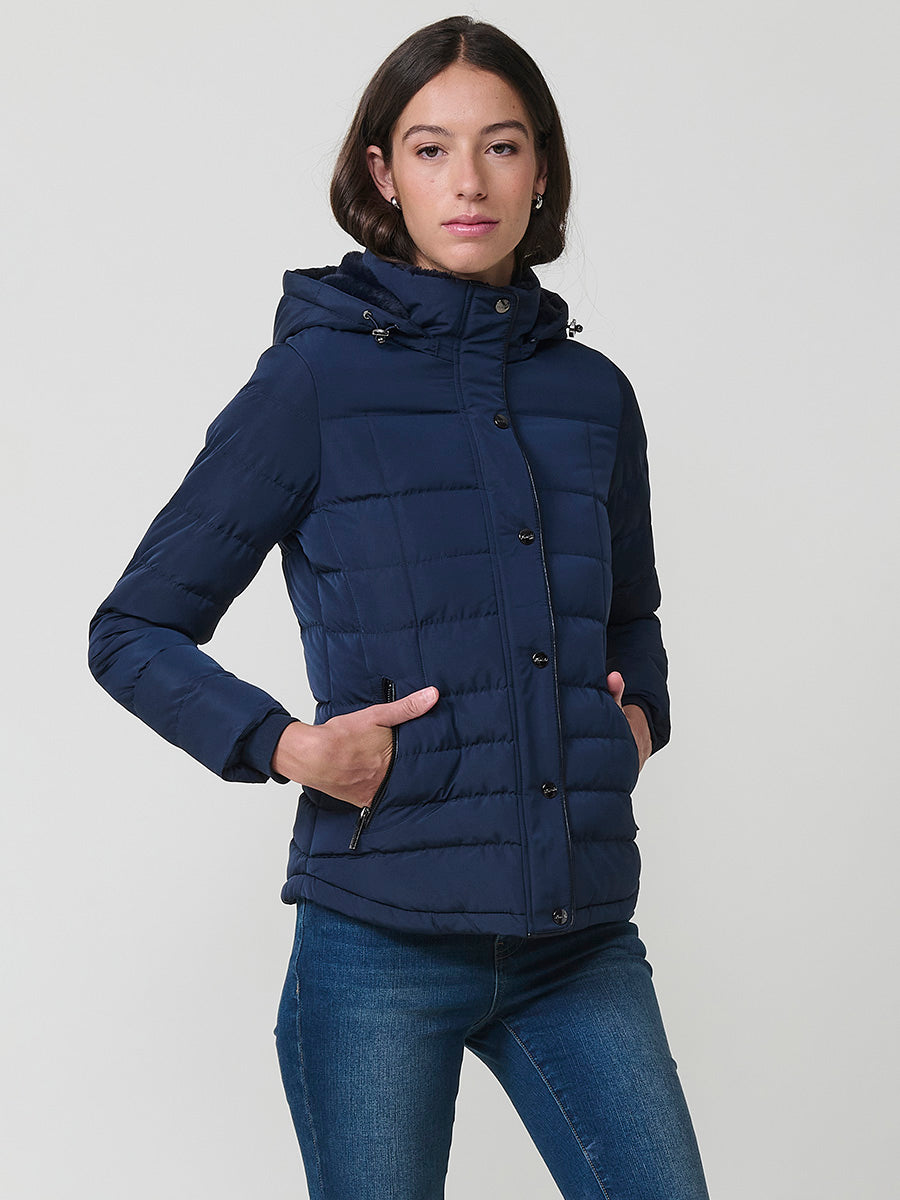 Jaqueta plumífer curta coll alt de pèl dona navy - Koroshi 2522JA50