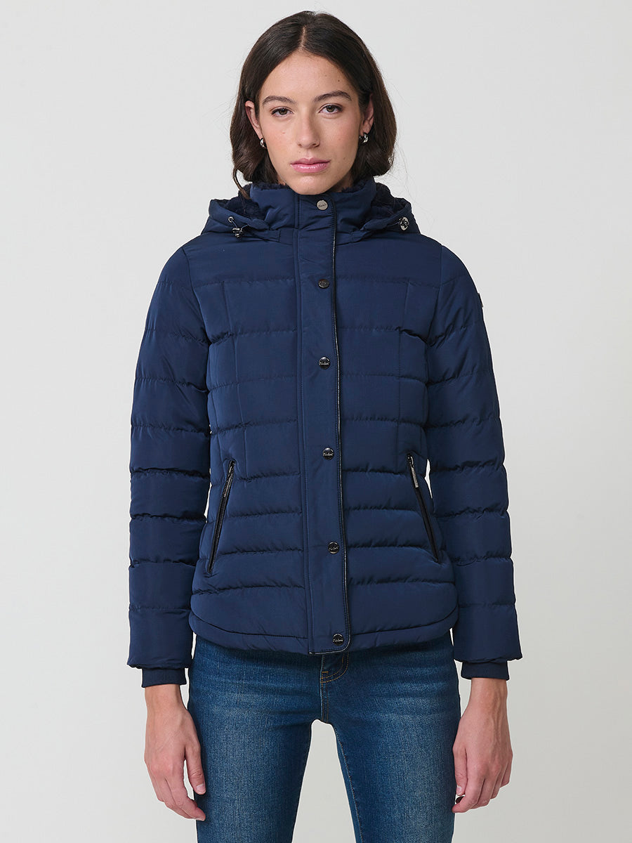 Jaqueta plumífer curta coll alt de pèl dona navy - Koroshi 2522JA50