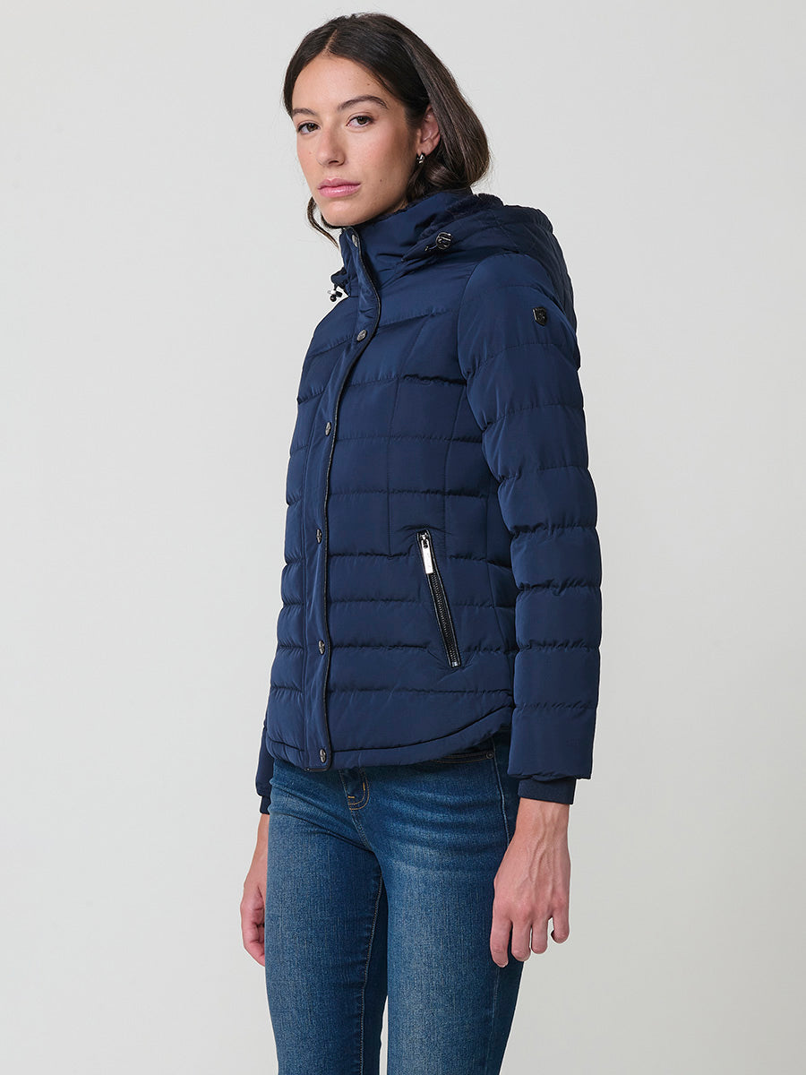 Jaqueta plumífer curta coll alt de pèl dona navy - Koroshi 2522JA50