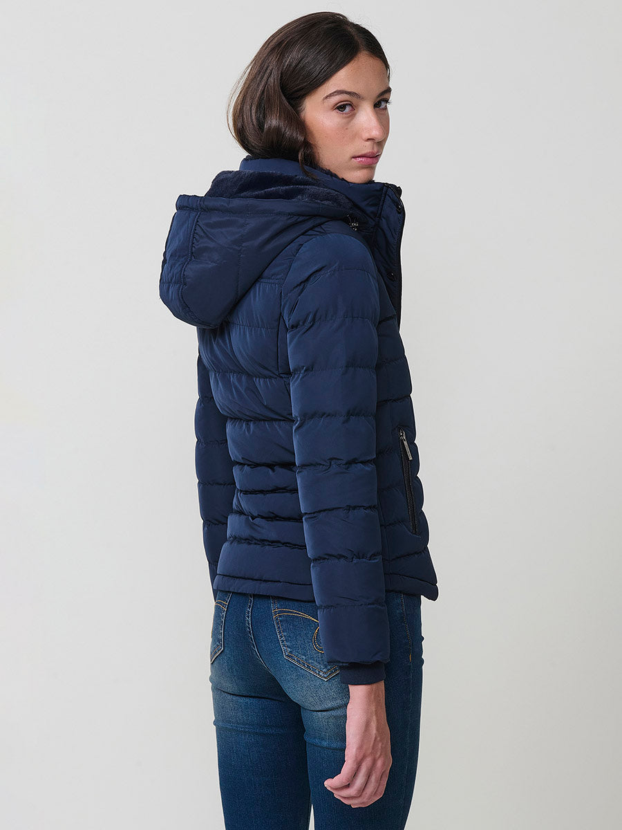 Jaqueta plumífer curta coll alt de pèl dona navy - Koroshi 2522JA50