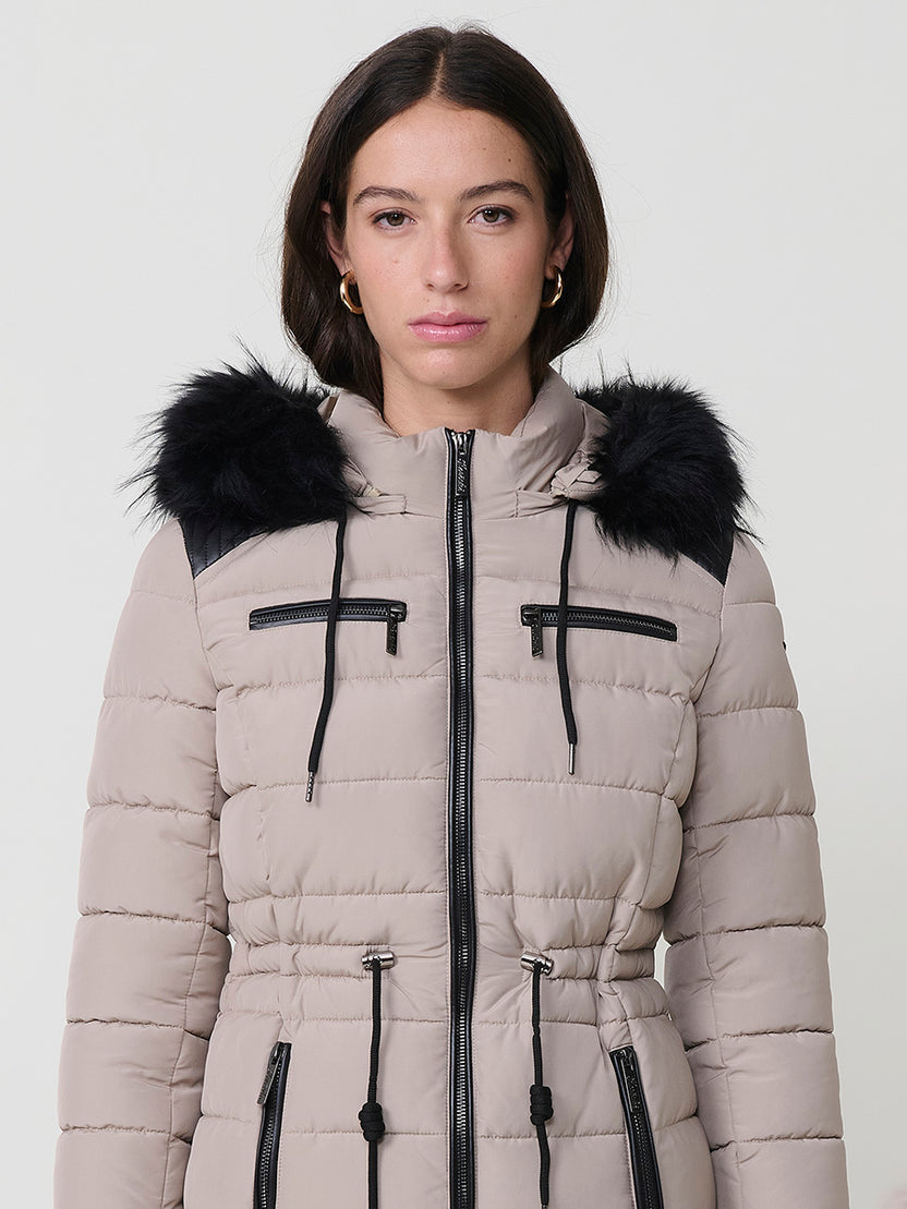 Chaqueta parka larga plumifero capucha pelo mujer beige - Koroshi 2522JA77