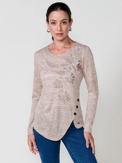 T-shirt manches longues femme beige asymétrique - Koroshi 2522ML00