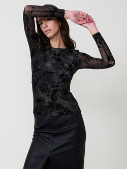 T-shirt manches longues femme en tulle fleuri velours noir - Koroshi 2522ML08