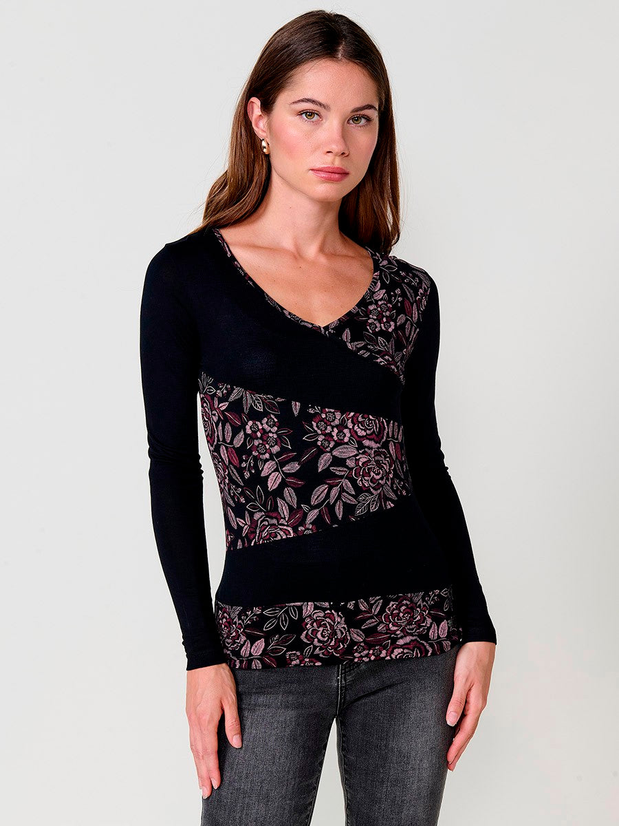 T-shirt femme noir à manches longues, col V, imprimé fleuri brodé