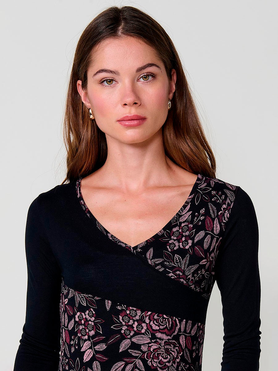 Women's black long-sleeved V-neck t-shirt with embroidered floral print