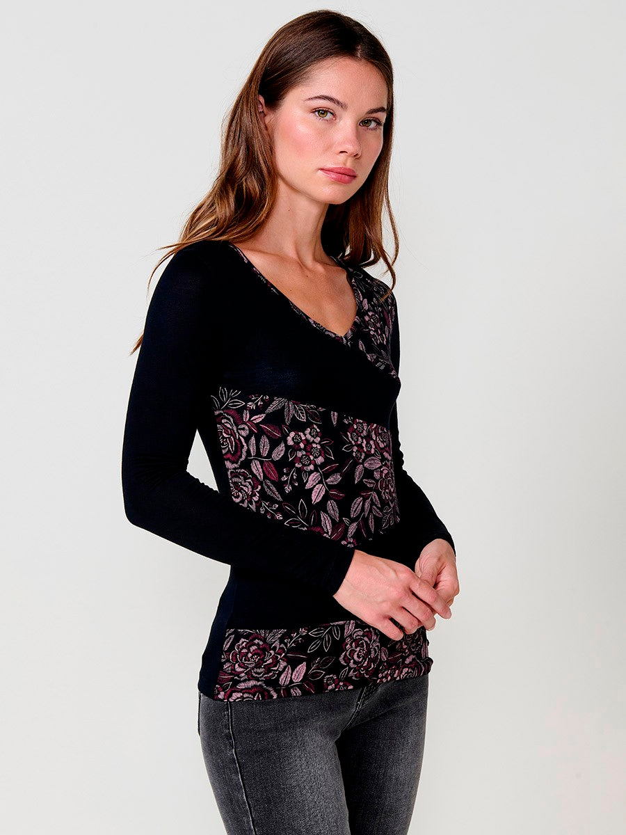 T-shirt femme noir à manches longues, col V, imprimé fleuri brodé