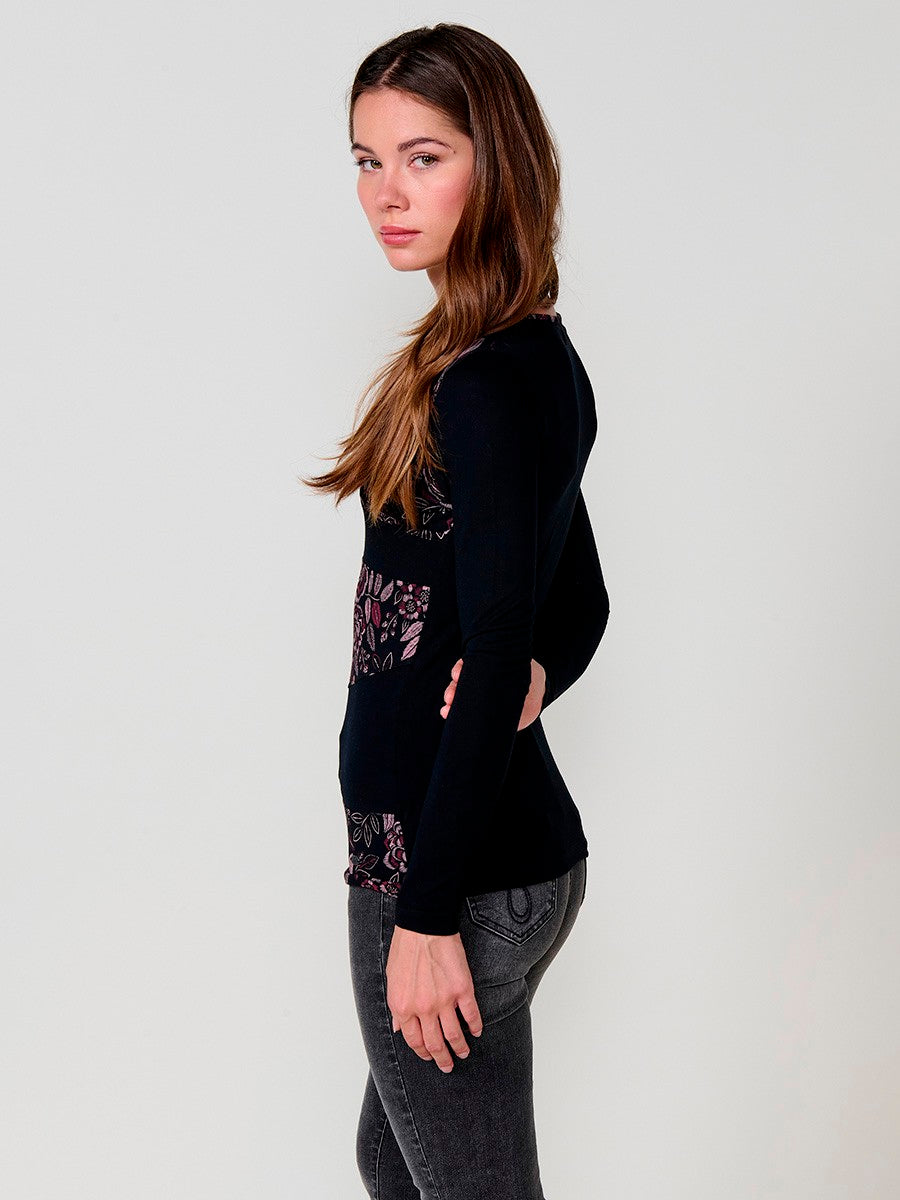 Women's black long-sleeved V-neck t-shirt with embroidered floral print