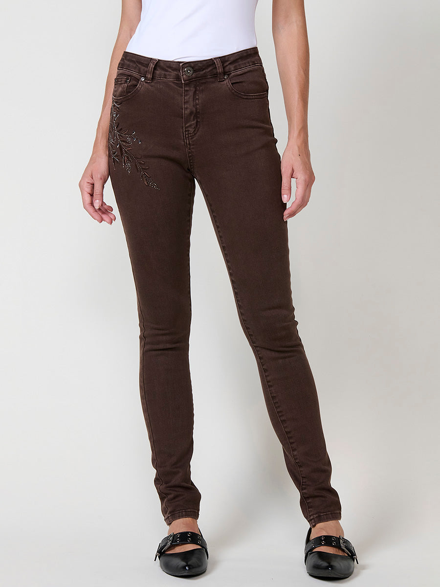Pantalón jeans slim push up con bordado mujer marrón - Koroshi 2522PT03