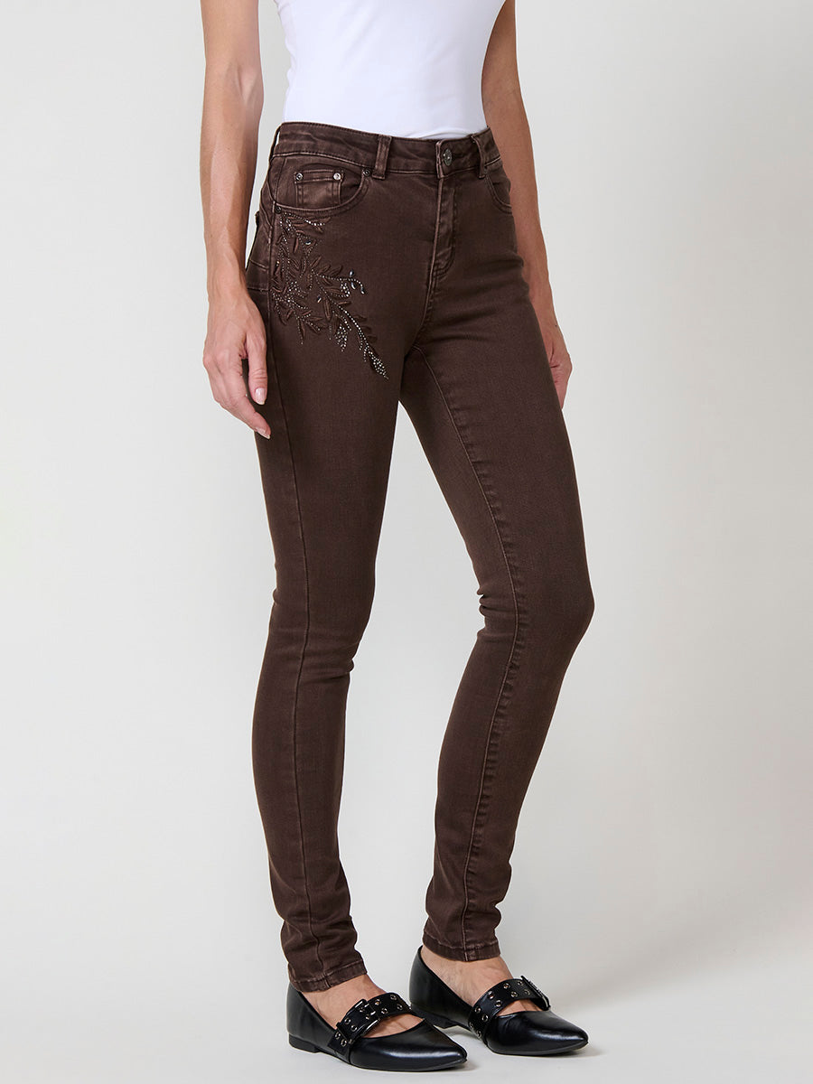 Pantalón jeans slim push up con bordado mujer marrón - Koroshi 2522PT03
