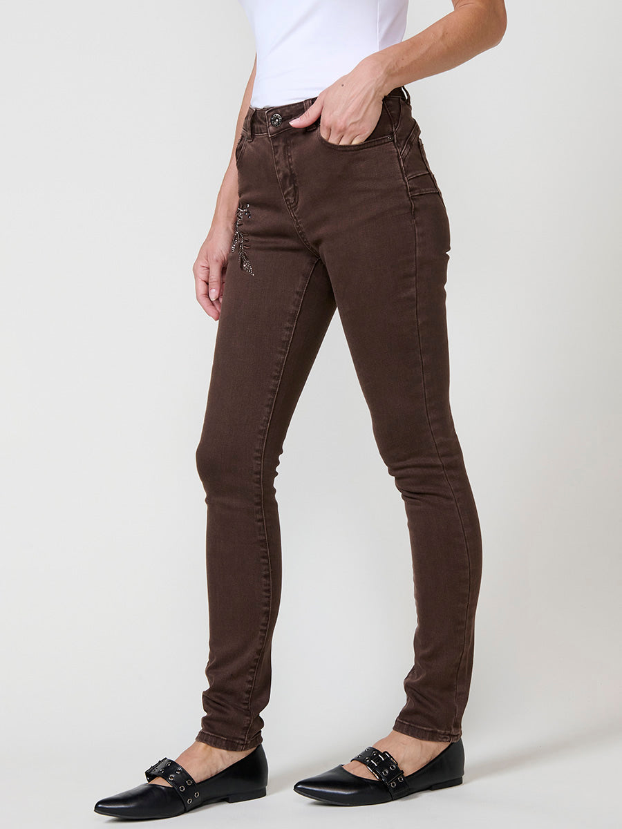 Pantalón jeans slim push up con bordado mujer marrón - Koroshi 2522PT03