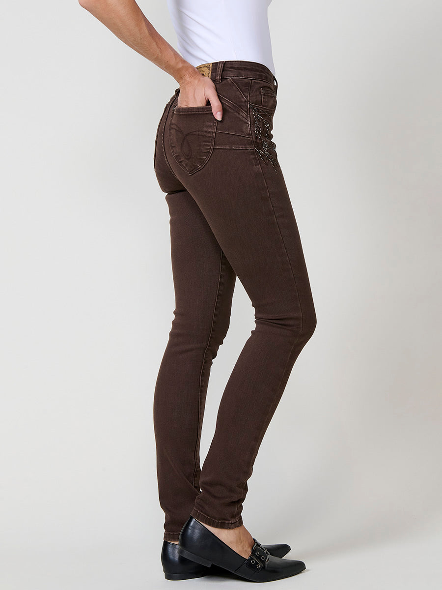 Pantalón jeans slim push up con bordado mujer marrón - Koroshi 2522PT03
