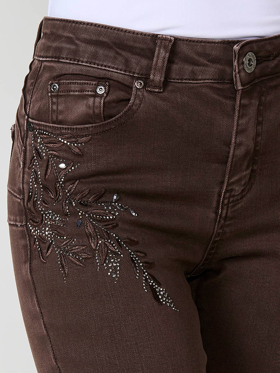 Pantalón jeans slim push up con bordado mujer marrón - Koroshi 2522PT03