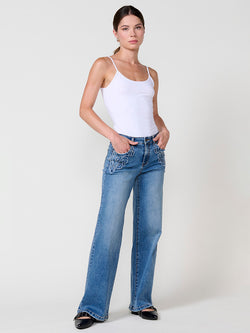 Women's dark blue floral embroidered mid-rise wide jeans - Koroshi 2522PT12