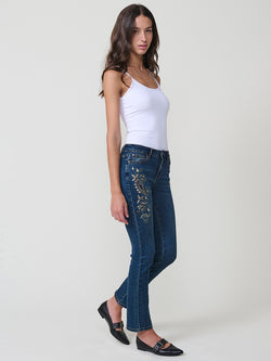 Women's gold floral embroidery slim jeans dark blue - Koroshi 2522PT16