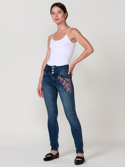 Dunkelblaue, mit Blumen bestickte, hoch sitzende schmale Korsettjeans für Damen – Koroshi 2522PT61
