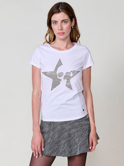 Women's white shiny star short sleeve t-shirt - Koroshi 2522TP06