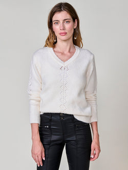 Damen-Strickpullover aus Pointelle-Spitze mit V-Ausschnitt, weiß – Koroshi 2522TR07