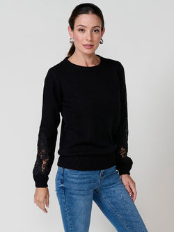 Women's puff sleeve knitted sweater with lace black - Koroshi 2522TR42