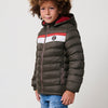 Khaki quilted boy's jacket with detachable hood, stripes on the chest in brick and stone tones. 100% polyester, comfortable, warm and light.
