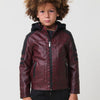 Boy's biker style jacket in wine and black aged effect. Made of 100% polyester with zipper closure.