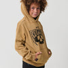 Boy's sweatshirt in washed-effect mustard brushed cotton, with hood and kangaroo pocket. Warm, comfortable and modern.