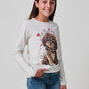 T-shirt da bambina in colore pietra chiaro a maniche lunghe, in cotone elasticizzato con stampa di cani e sciarpa con stampa animalier.