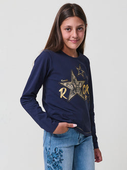 T-shirt manica lunga ricamata glitter da bambina blu navy - Koroshi 2525ML05