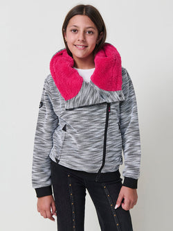 Knitted jacket with fur hood and zipper GIRLS white - Koroshi 2525SU04